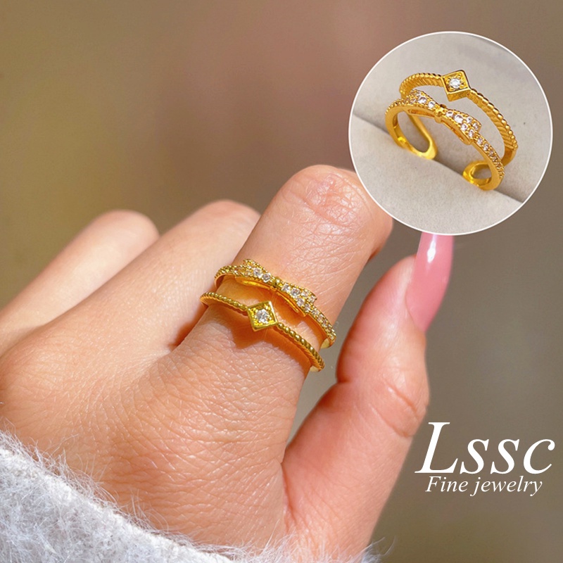 Cincin Titanium Wanita (Terbuka) Pita Cantik Berlian Lapis Emas 18K Perhiasan Korea