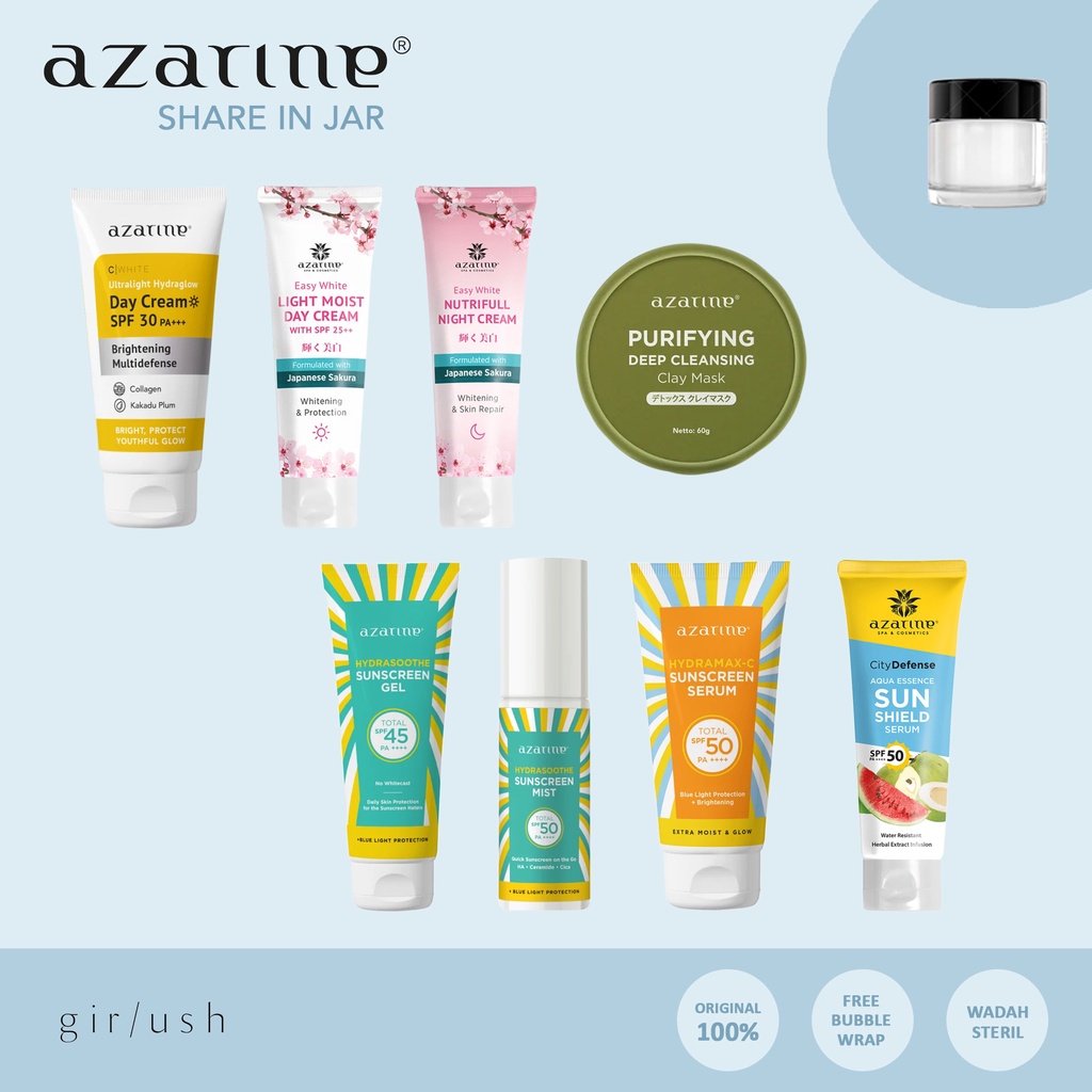 (SHARE) Azarine Hydrasoothe Sunscreen Gel SUnscreen Mist Sunscreen Serum Sun SHield Serum C White Day Cream SPF Easy WHite Day Night Cream Clay Mask