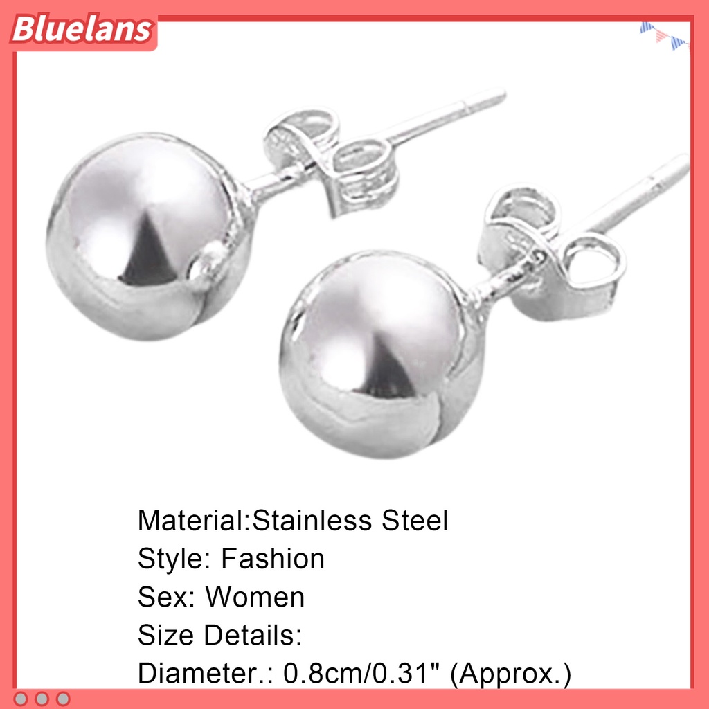 1 Pasang Anting Stud Bentuk Bola Bulat Bahan Stainless Steel Warna Silver Untuk Wanita