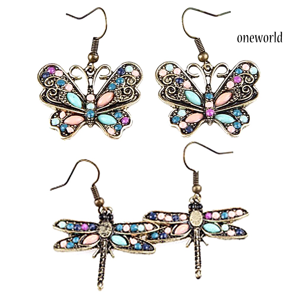 OW@ Bohemian Women Butterfly Dragonfly Rhinestone Charm Hook Earrings Jewelry Gift