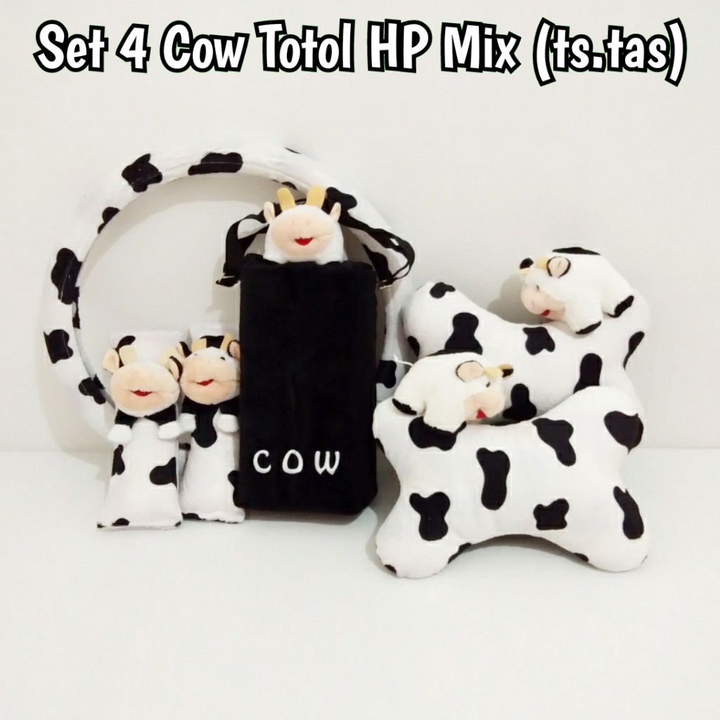 bantal mobil set 4 Sapi totol hitam - putih (Tisu tas)
