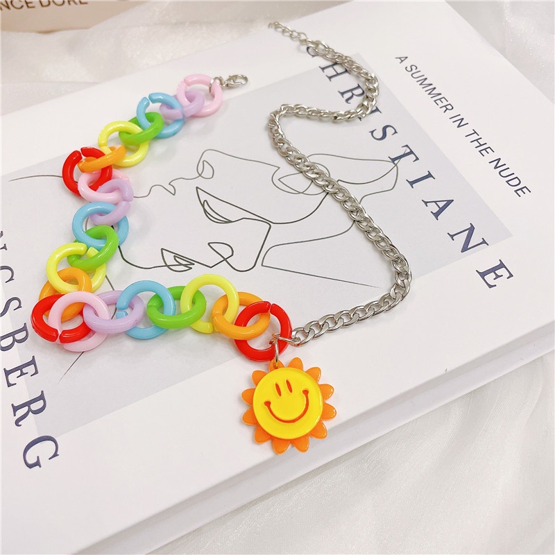 Korea Harajuku Style Sunflower Necklace Colorful Chain Stitching Necklace