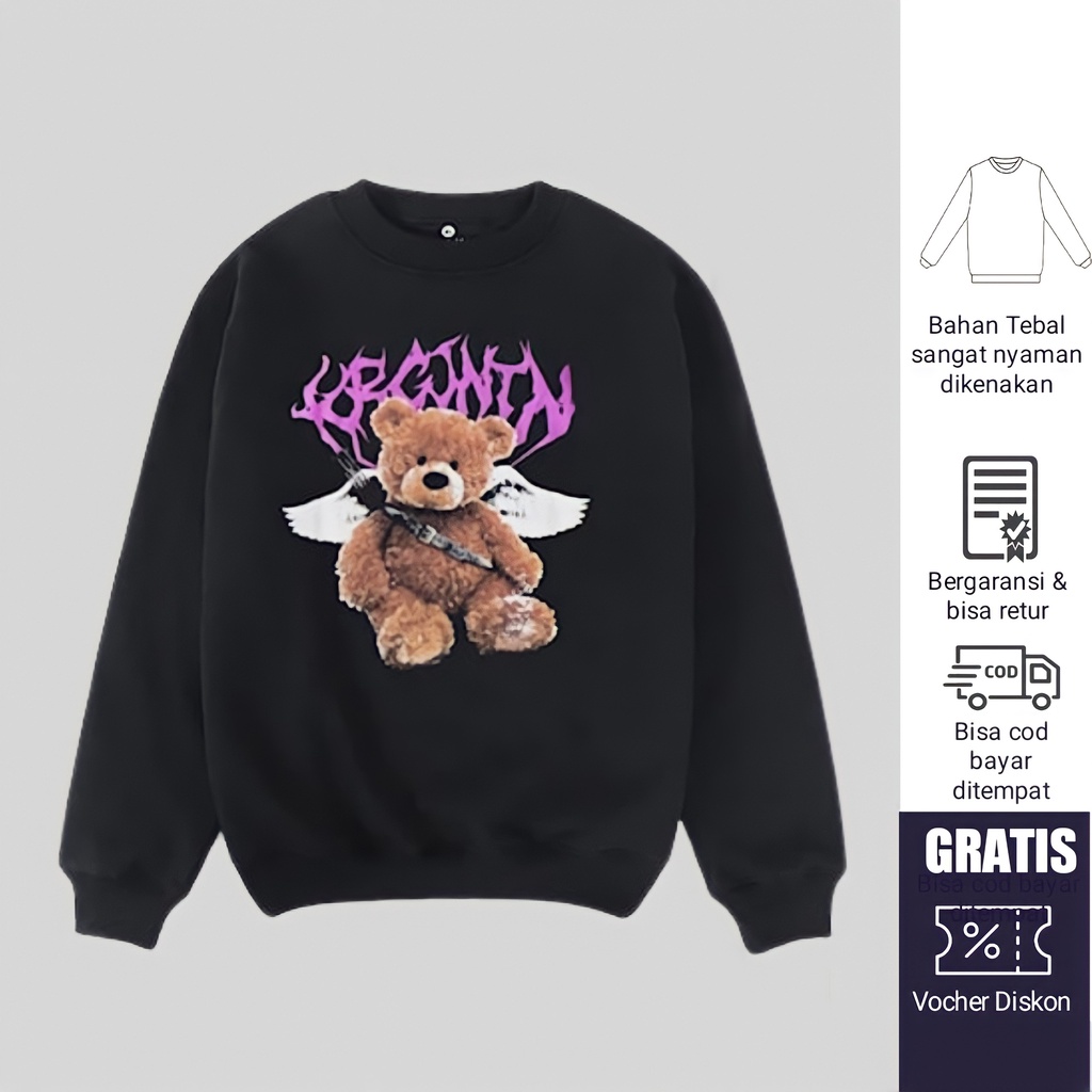Sweater Crewneck Pria Wanita Bear Angel Distro Hitam Cewek Cowok Sweter Boneka Beruang Bahan Flecce 
