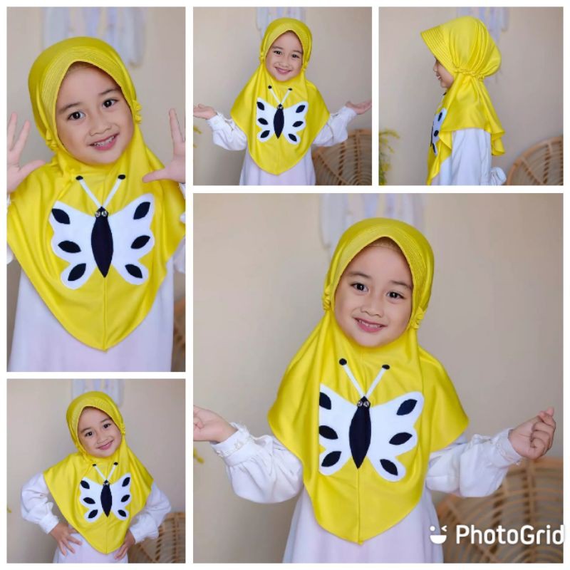 kerudung Devia Morif Kupu Kupu anak instant Premium 3th - 6 tahun terbaru | jilbab lucu bayi Perempuan sekolah tk 4 - 5 thn | hijab Tanggung baby sd bahan jersey lembut adem