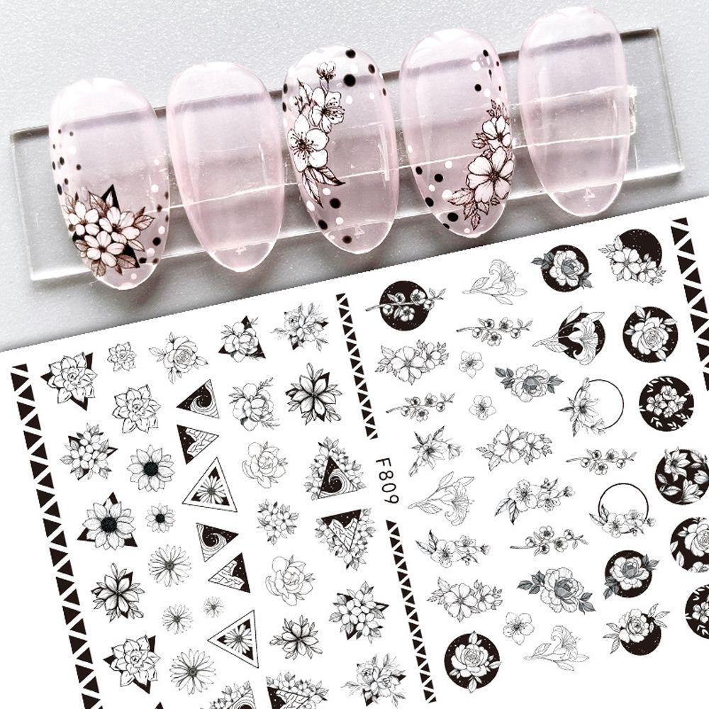 Mxbeauty Musim Semi Bunga Nail Art Stiker Warna-Warni Fashion Hitam Wanita Daun Hijau Abstrak Rose Floral DIY Manicure Accesorios