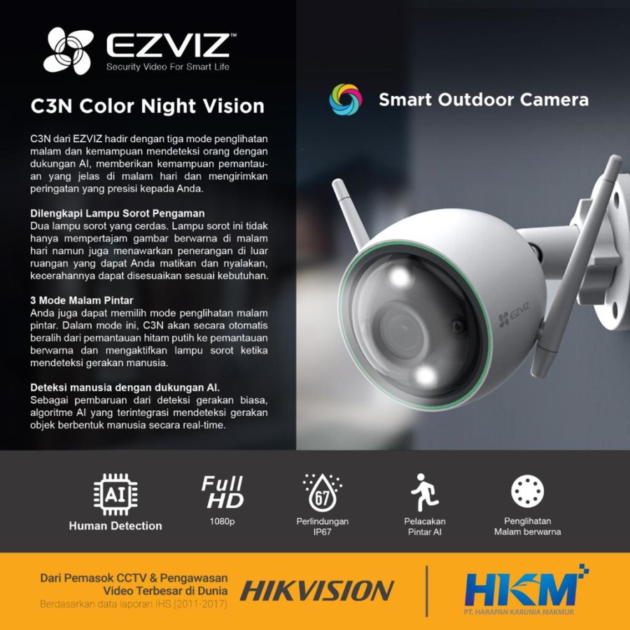 Wireless IP Cam Ezviz C3N 1080P Color Night w/ Smart IR Outdoor H.265 - C3N Only