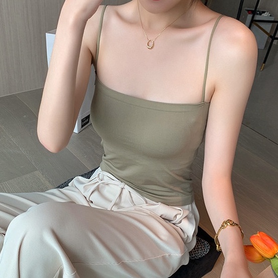 Tank Top Bra Basic Wanita Panjang / Tanktop Square Tali Spaghetti Premium-Hijau