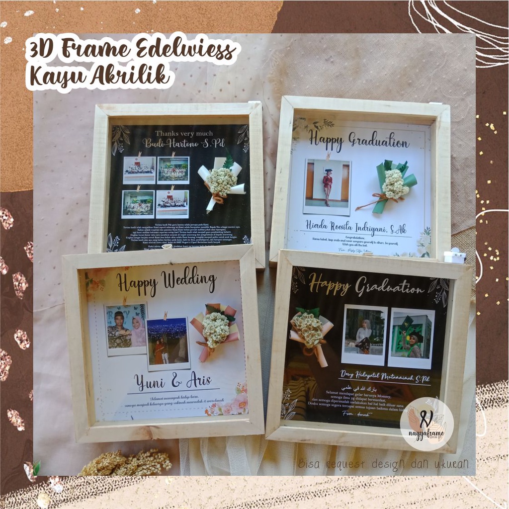 KADO FRAME 3D kayu / 3D 20x20cm Kayu Akrilik +LAMPU  / edelwiess in frame / pigura 3d kayu/KADO wedd