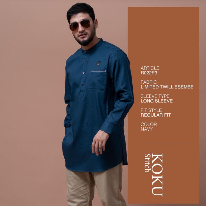 Samase Koku Stitch Koko Kurta  R 022 P - Navy - Twill Esembe Ltd - Lengan Panjang