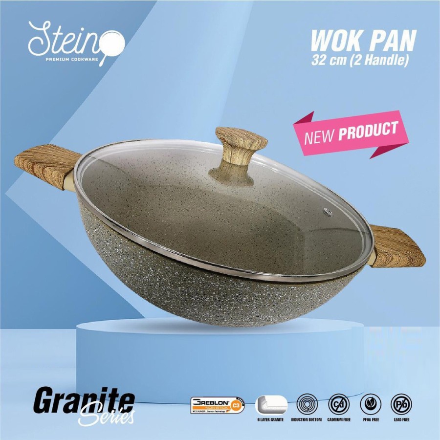 Steincookware Wok Pan 32cm 2 Handle + Lid Steincookware - Wajan Stein Original