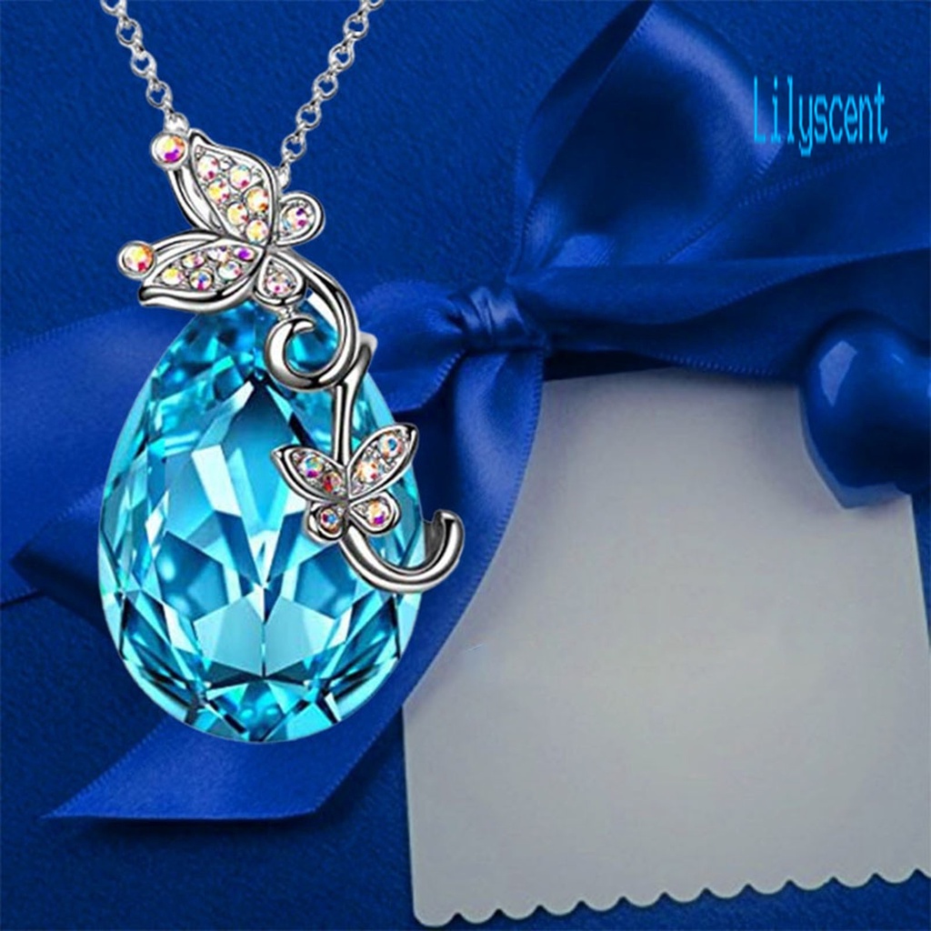 Kalung Rantai Desain Butterfly Waterdrop Aksen Kristal Imitasi Warna Biru Bahan Silver Plated Untuk Wanita