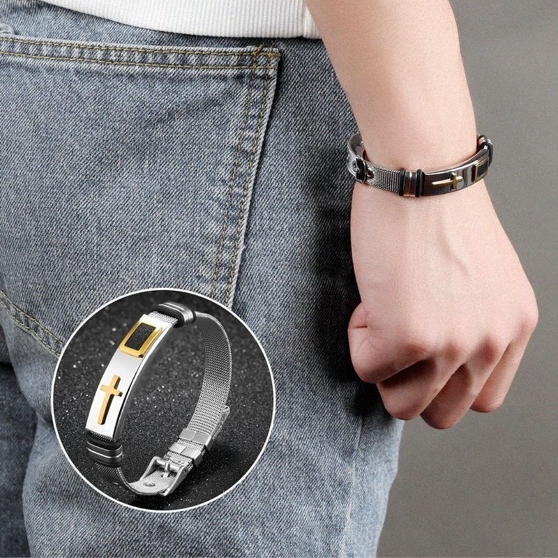 [Z H Perhiasan] Hip Hop Rock Retro Pria Fashion Stainless Steel Silikon Salib Gelang Pesta Perhiasan Aksesoris 17.5 Cm~21 cm