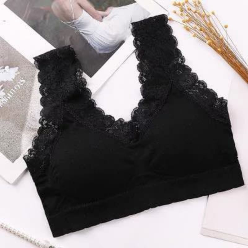 Bra Wanita Sports Bra Baru V-Neck Aksen Hem Lace dengan Pad Busa