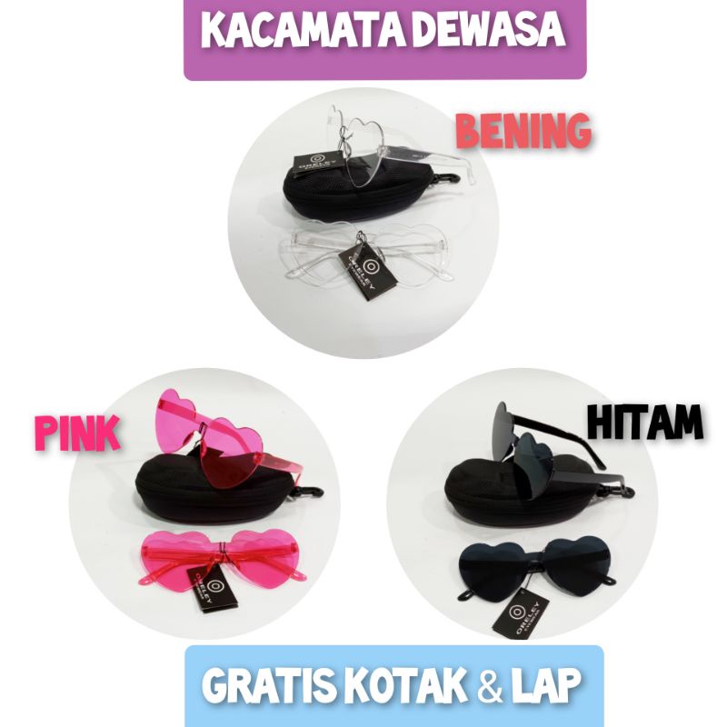 Kacamata dewasa sunglasses gaya fashion hati love pink hitam putih transparan gratis kotak lap lucu