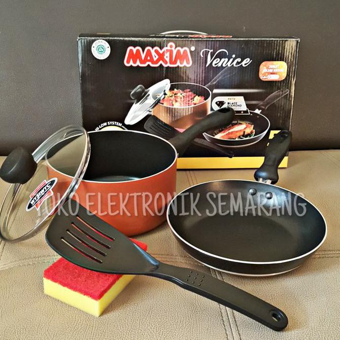 Maxim Venice Set Wajan Panci Penggorengan Teflon Tutup Kaca Spatula - Diskon Spesial 