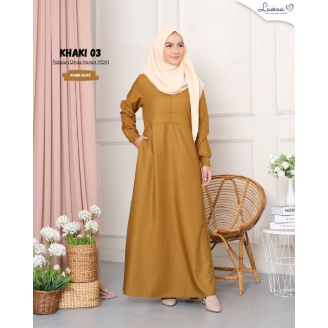 Pakaian Dinas Harian (PDH) by Luvena - Gamis Kerja Bahan Katun Toyobo Warna Khaki Olive Kode 03