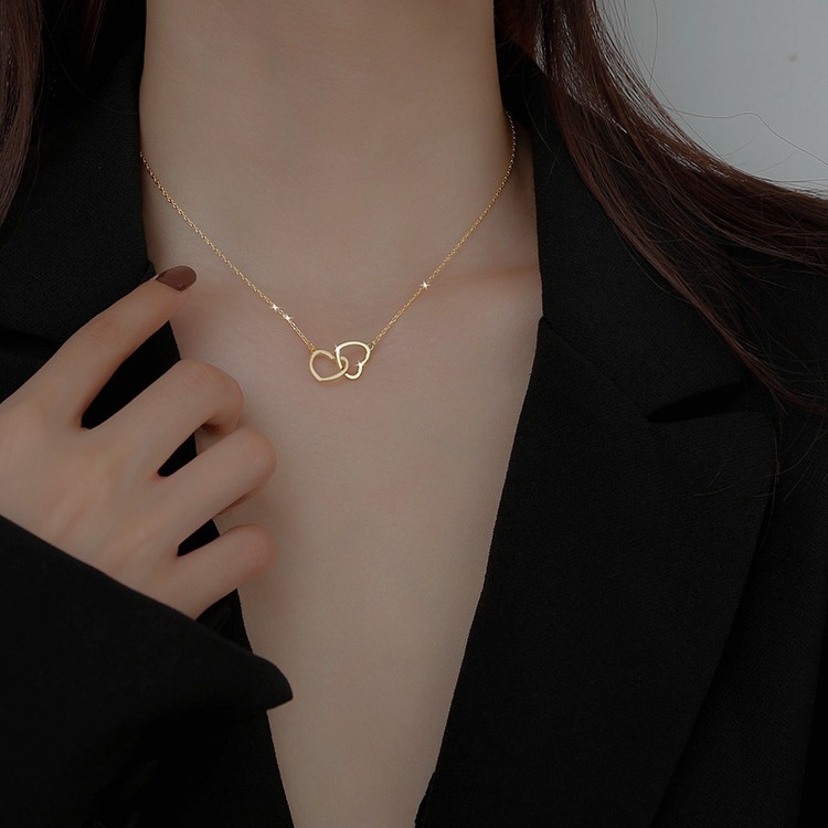 ★ODS★ Kalung Women Double Heart K04 Hollow Personaility Heart Necklace Love Geomertic Clavicle Choker love cantik