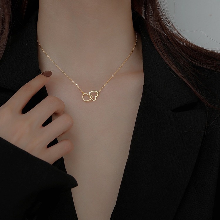 ★ODS★ Kalung Women Double Heart K04 Hollow Personaility Heart Necklace Love Geomertic Clavicle Choker love cantik