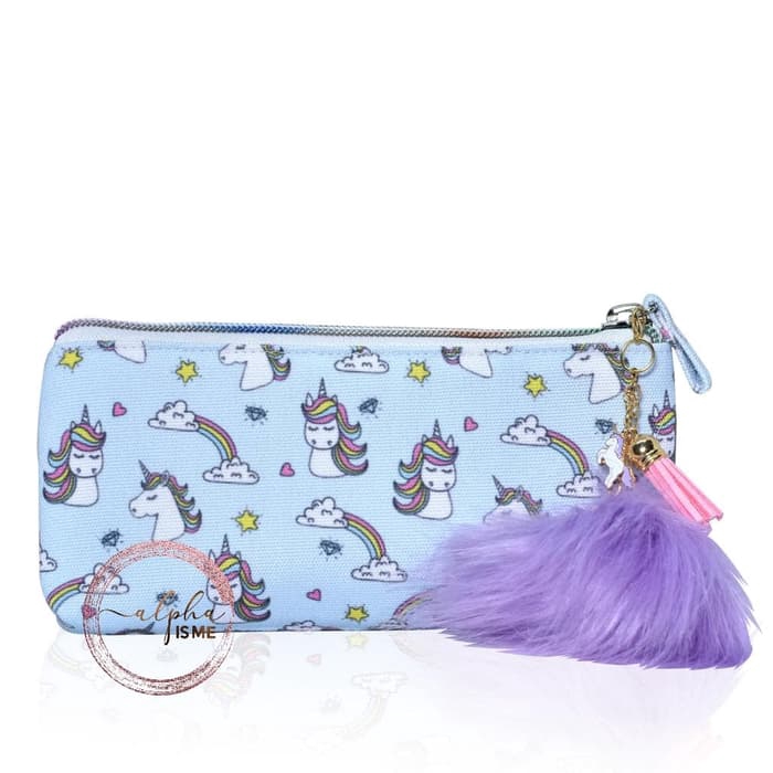 

alphaisme Blue Unicorn Tempat Pensil Kosmetik with Pom Pom Charm