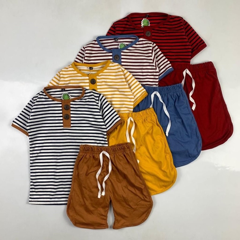 SETELAN KAOS ANAK BUTTON STRIPES KECIL UNISEX (1-10 TAHUN )