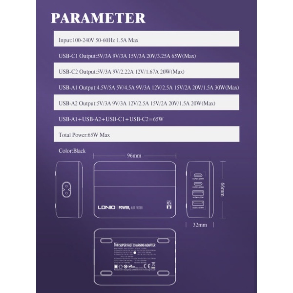 LDNIO A4808Q - 65W Fast Charge Desktop Charger - Support PD and QC 3.0 - 2 USB Port + 2 USB-C Port - Bisa untuk Smartphone, Tablet dan Laptop