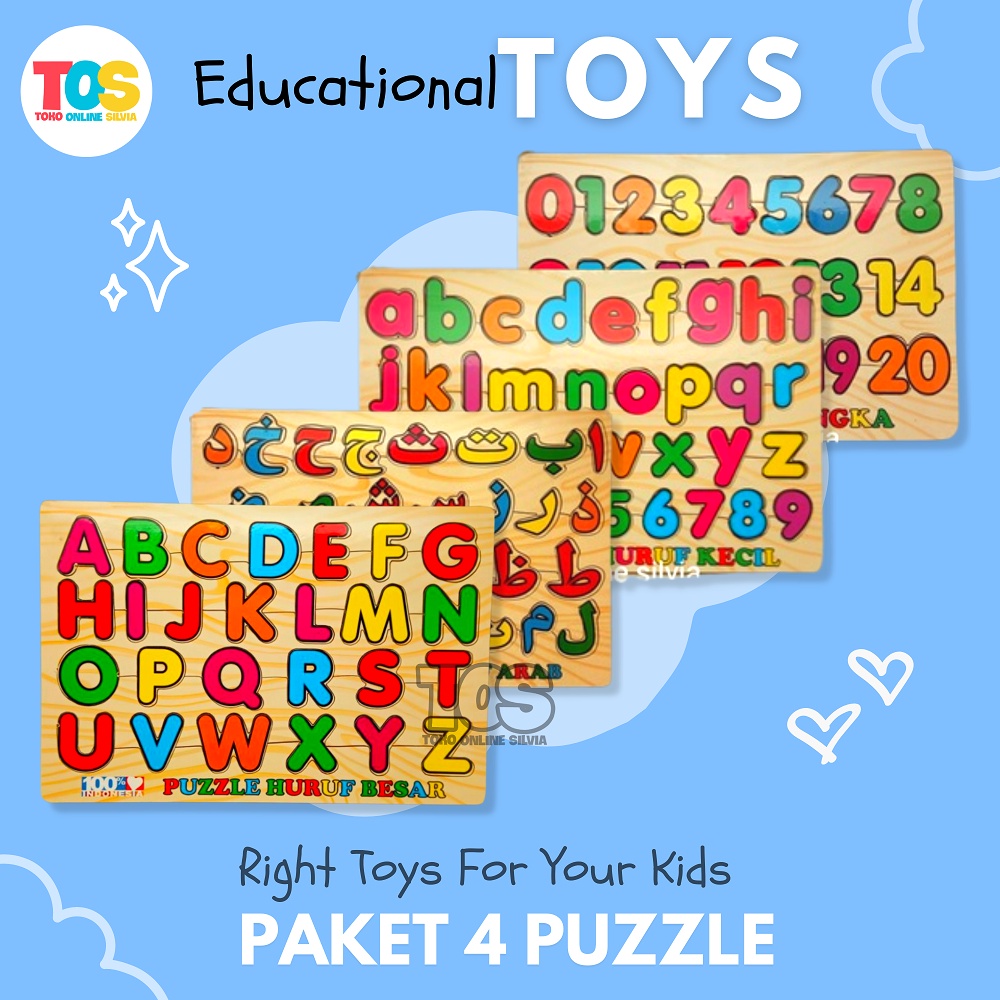 Promo Paket 4 Puzzel Mainan Anak Puzzle Kayu Angka Hijaiyah Huruf Hewan Edukasi