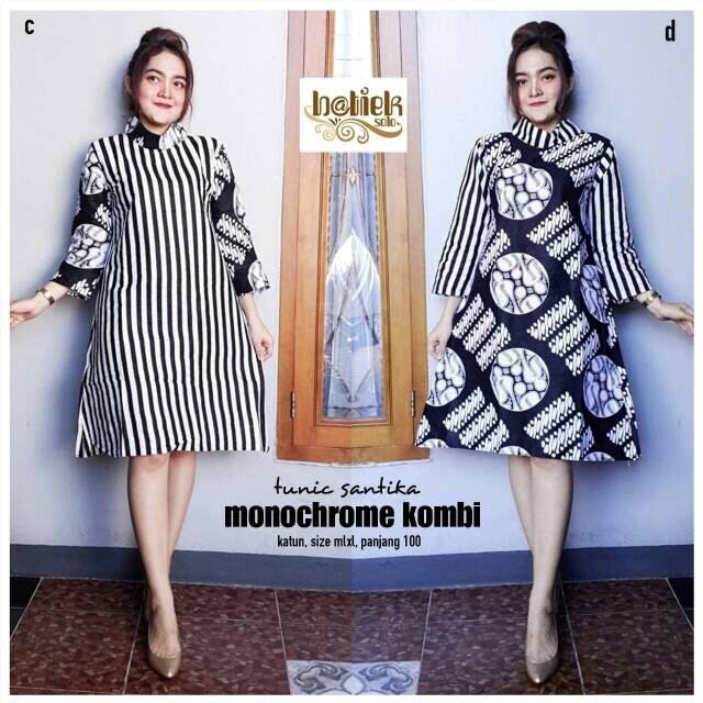 Santika Monochrome Kombi Abu Batik Modern Midi Dress Casual Kerja Seragam Kantor