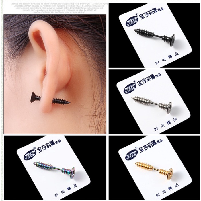 TOKOMUDA Anting Tindik Pria Punk Model Sekrup Hitam Silver / Anting Paku