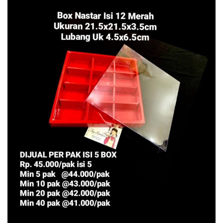 

Box Nastar Isi 12 Merah Lubang Uk 4.5x6.5cm DIJUAL PER PAK ISI 5 BOX