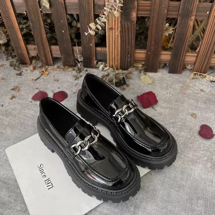 4.4 SEPATU LOAFER WANITA RANTAI SILVER BLACK DOFF AND GLOSY QUALITY PREMIUM DS 099