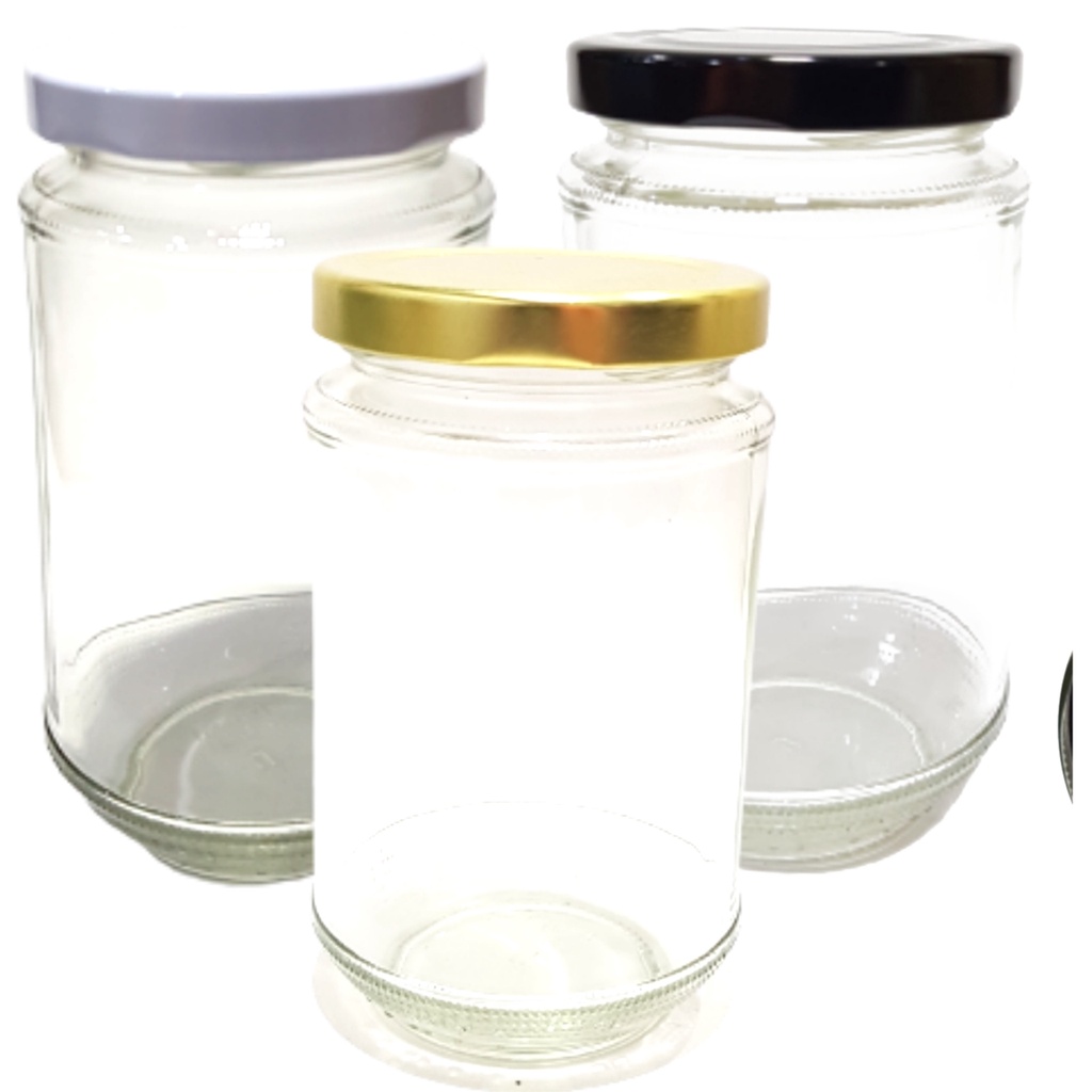 330ML  BOTOL KACA SILINDER JAR TOPLES KACA 330ML + TUTUP GOLD , TUTUP PUTIH , TUTUP HITAM