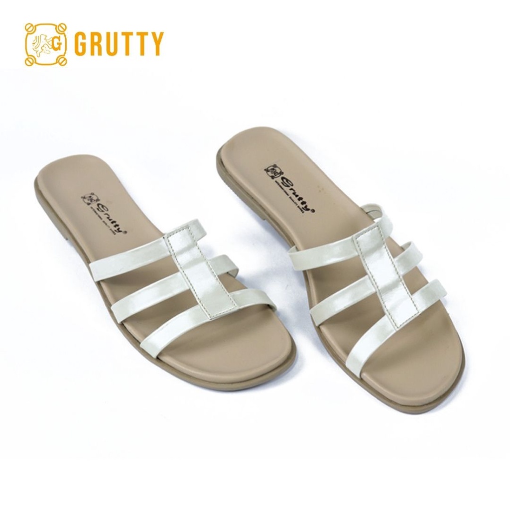 Grutty Flat Sandal Wanita Kulit asli slide sandal teplek Sandal Flat Merah Cream