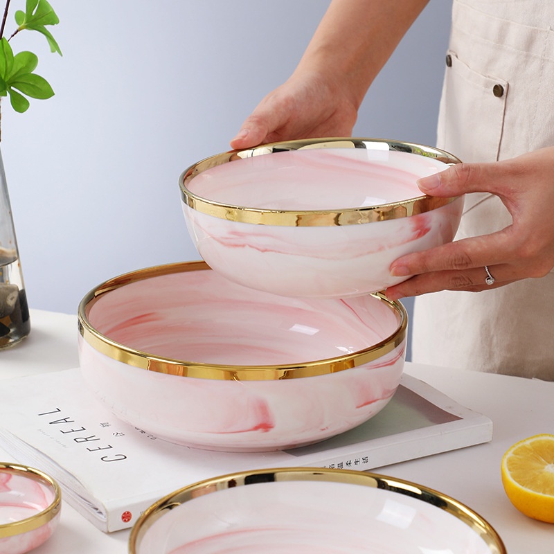 PIRING PINK MARBLE KERAMIK LIST EMAS ELEGAN/ PIRING KERAMIK PINK MOTIF MARMER LIST GOLD ELEGAN MEWAH-8