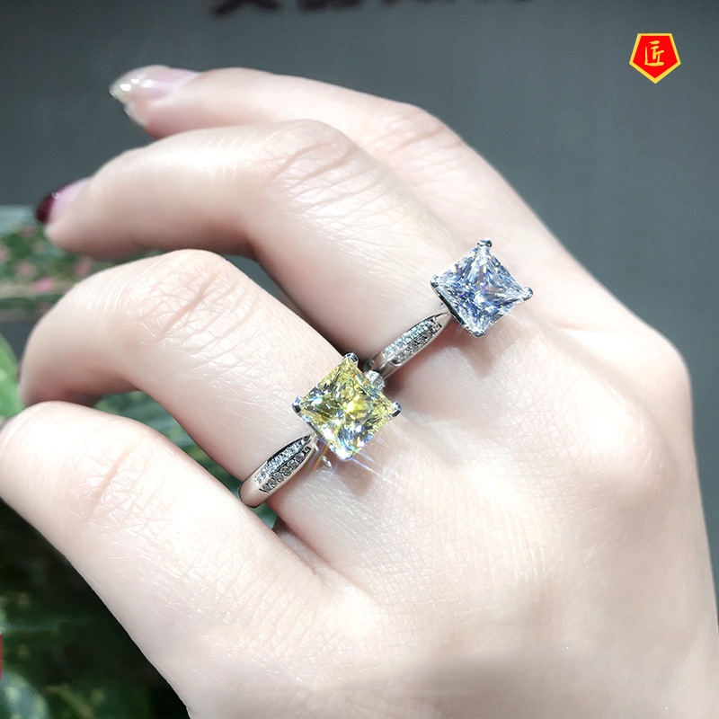 [Ready Stock]Moissanite Square Diamond Ring Pt950 Yellow Diamond Luxury