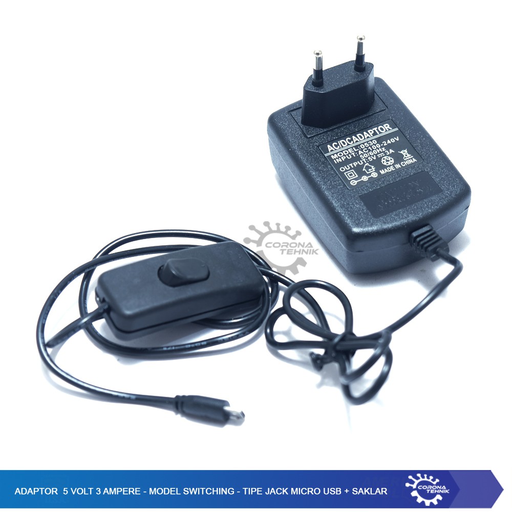 Adaptor 5 Volt 3 Ampere - Model Switching  - Tipe Jack Micro USB + Saklar