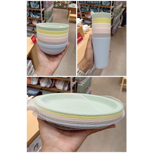 MINISO set 6pcs piring / mangkuk / gelas plastik miniso . piring plastik fashionable