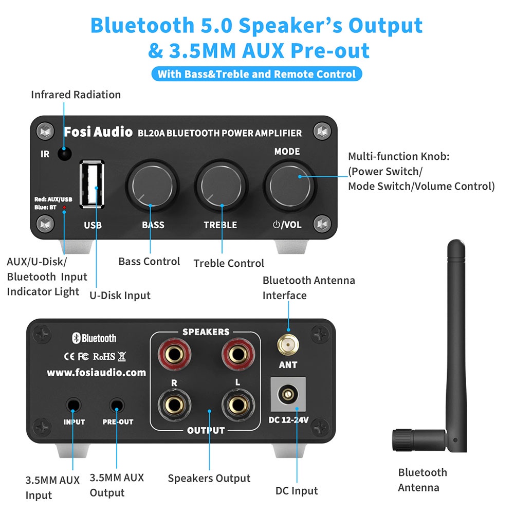 Fosi Audio Bluetooth 5.0 Amplifier 2.0 Channel Amp Receiver Class D 100W TPA3116 with Remote - BL20A - Black