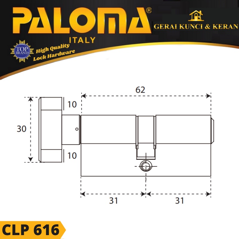 Knob Cylinder PALOMA CLP 616 DELUXE KC-CK 62MM - Computer Key HITAM