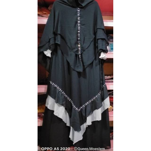 Sale gamis full ceruti hitam mix silver