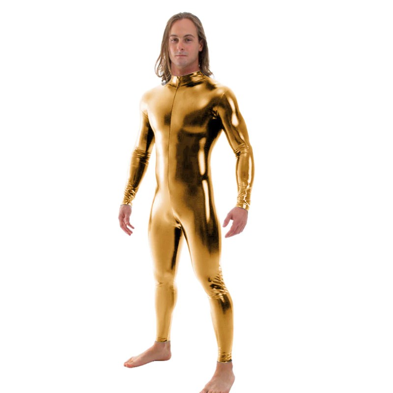 Gratis ongkir Ensnovo Men Latex Suit Black Shiny Metallic Tights Gold Zentai Suit Full Body Unitard