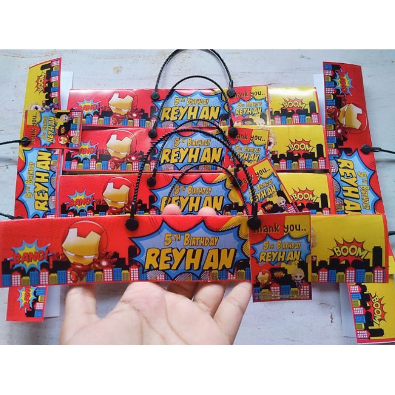 

Label dan Tas Plastik Snack ulang tahun anak custom, tema: Avengers