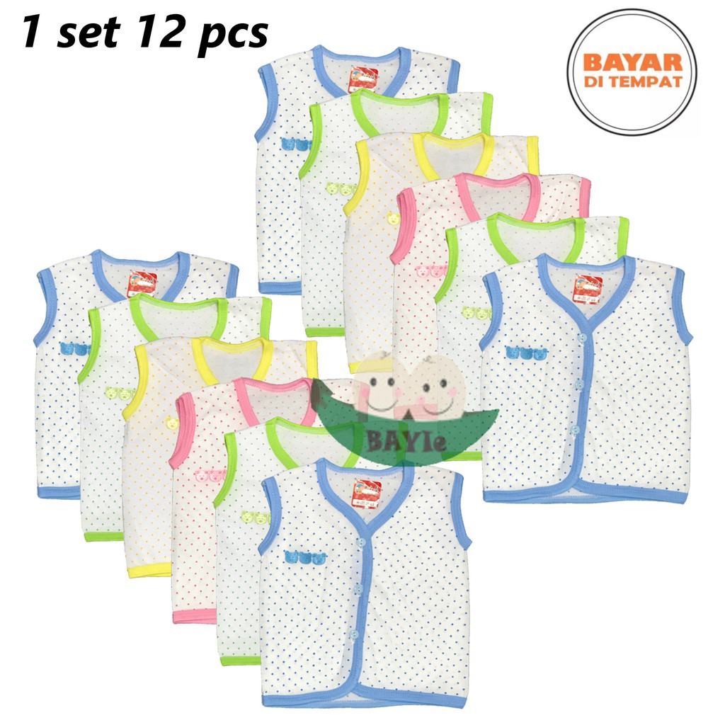 BAYIe - 12 Pcs  Baju Bayi Lengan Kutung Motif POLKADOT TASYA Baru Lahir(New Born) umur 0-3 bulan