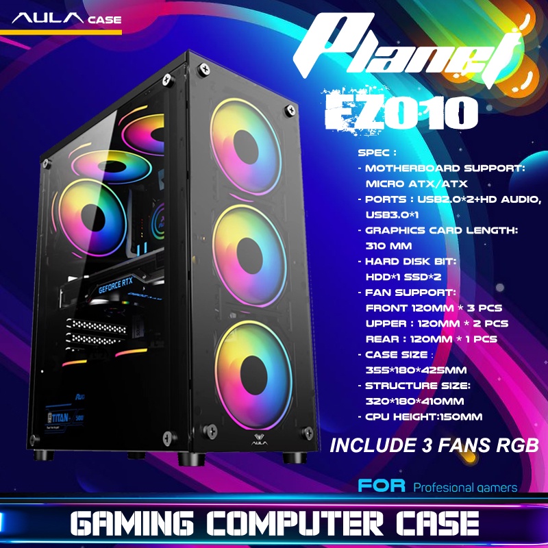 Casing PC Gaming AULA PLANET FZ010 include 3 fans RGB Panoramic Design / PC Case / PC Gaming Case / 
