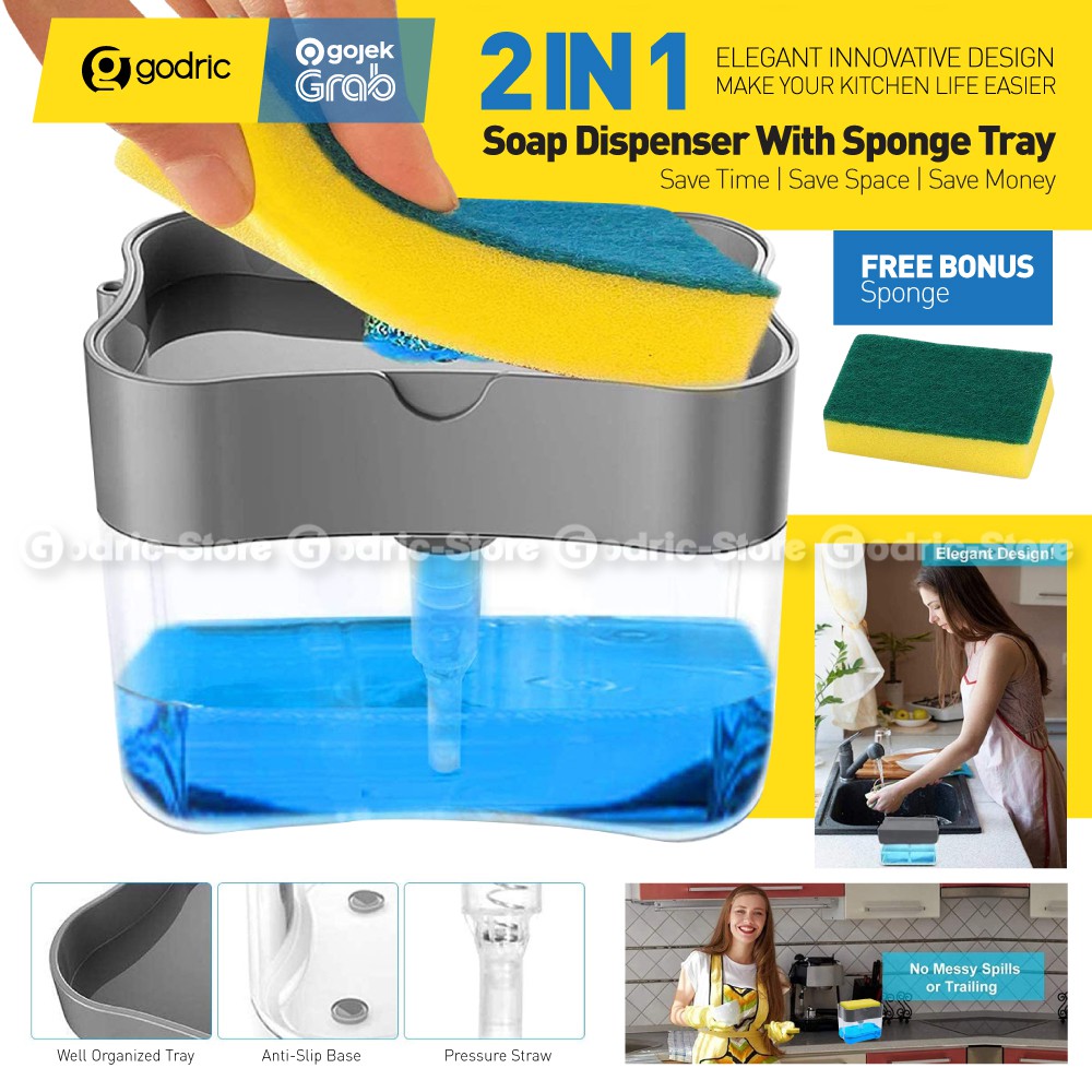 Pump Dispenser 2in1 Holder Sponge Tempat Sabun Cuci Piring Spons Dapur