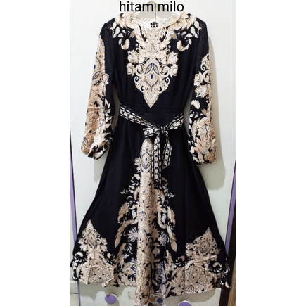 Gamis bangkok mayung ori motif corak mewah model lengan balon + tali pinggang bahan katun sutra impo