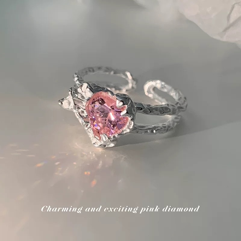 Cincin Silver Hias Kristal Pink Adjustable Untuk Wanita