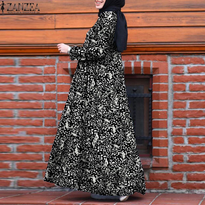 ZANZEA Women Long Sleeve Vintage Printed Muslim Loose Maxi Dress