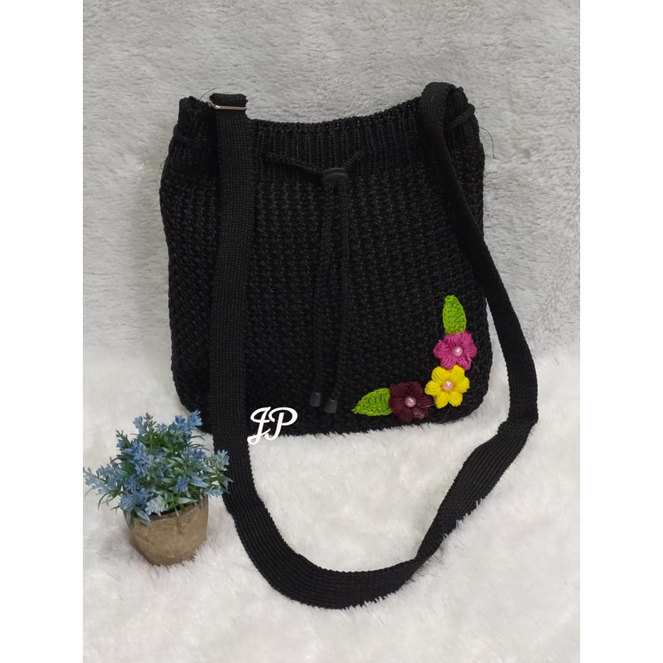 TAS BAHU WANITA SELEMPANG RAJUT SERUT BUNGA BESAR/TAS RAJUT MURAH