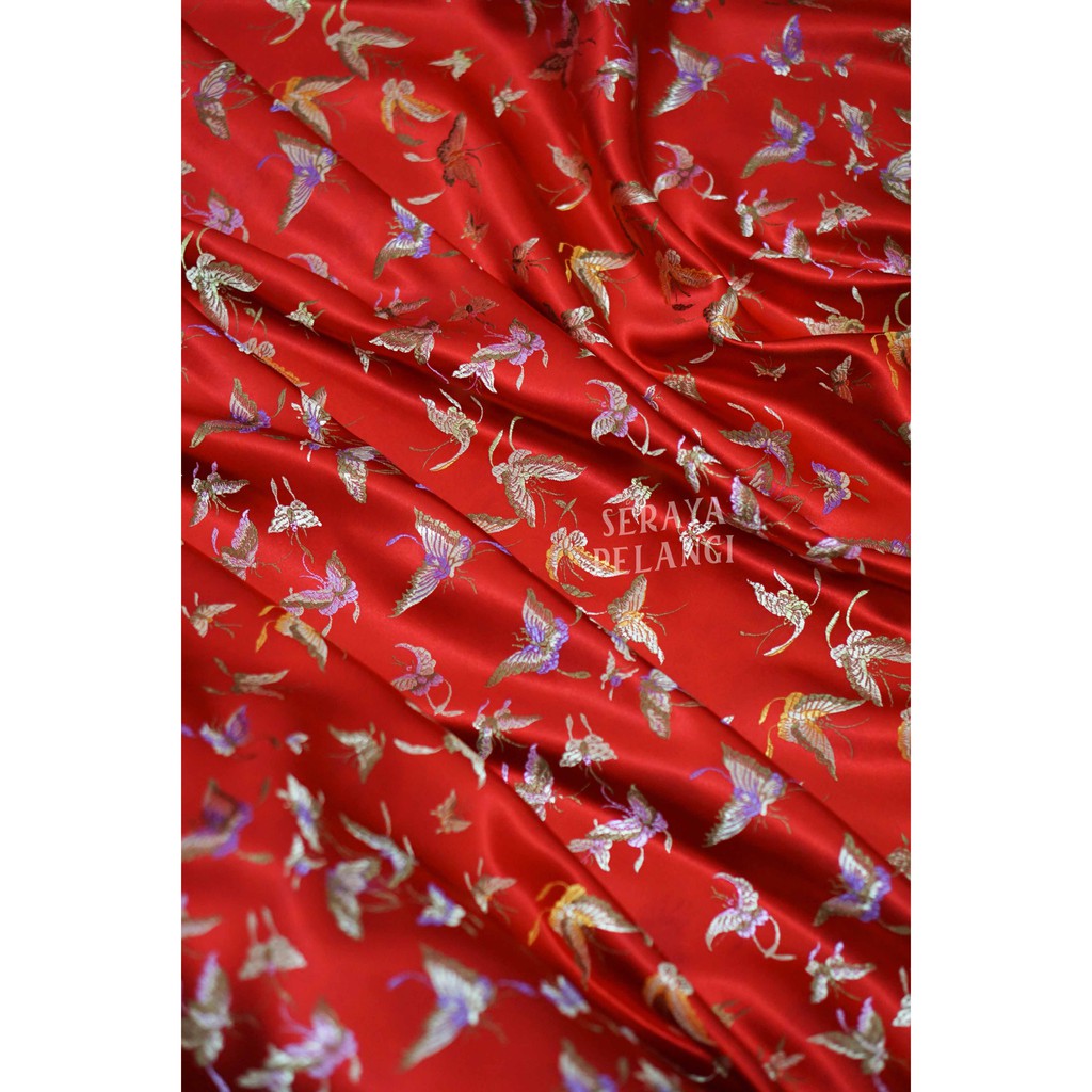 [METERAN] SATEN CINA Motif Kupu-Kupu | Baju Cheongsam | Kain Meteran | Chongsam | Congsam | Merah