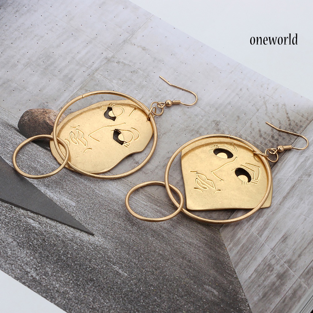 OW@ Fashion Carving Asymmetric Human Face Hoop Women Hook Earrings Jewelry Decor